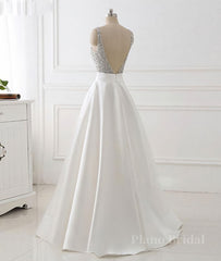 White v neck beads sequin long prom dress, white evening dress