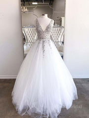 White v neck tulle beads sequin long prom dress white evening dress