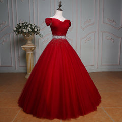Wine Red Ball Gown Off Shoulder Beaded Party Dress, Tulle Off Shoulder Prom Dress