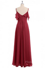 Wine Red Chiffon A-line Ruffles Long Bridesmaid Dress