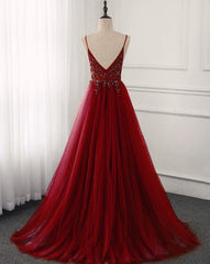 Wine Red Long Tulle V-neckline Beaded Junior Prom Dress, Dark Red Party Dress