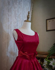 Wine Red Satin Tea Length Party Dress with Bow, Wine Red Wedding Party Dress