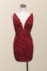 Wine Red Sequin Tight Mini Dress