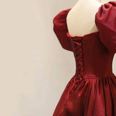 Wine Red Short Sleeves Tea Length Wedding Party Dress, Wine Red Prom Dress