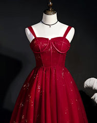 Wine Red Short Tulle Straps Cute Homecoming Dress, Wine Red Short Prom Dress