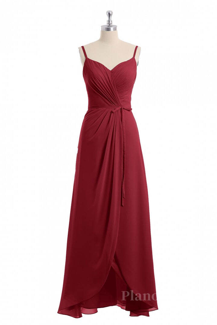 Wine Red Straps Faux Wrap Long Bridesmaid Dress