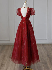 Wine Red Tulle Cap Sleeves Bridesmaid Dress, Wine Red Long Prom Dress
