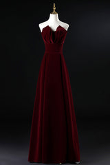 Wine Red Velvet Floor Length Long Prom Dress, Dark Red Party Dress