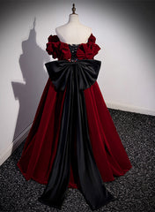 Wine Red Velvet Off Shoulder Party Dress, A-line Floor Length Prom Dress