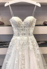 White Spaghetti Lace Long Prom Dresses, A-Line Evening Dresses