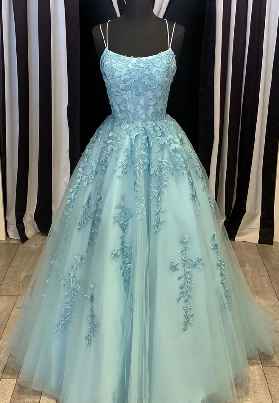 Blue Lace Long Prom Dresses, A-Line Formal Evening Dresses