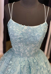 Blue Lace Long Prom Dresses, A-Line Formal Evening Dresses