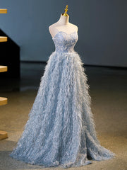 Blue A-Line Strapless Floor Length Prom Dress, Blue Evening Party Dress
