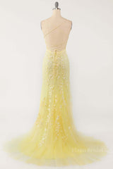 Yellow Mermaid Lace Appliques Long Formal Dress