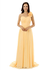 Yellow One Shoulder Chiffon With Pleats Flower Bridesmaid Dresses