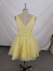 Yellow V Neck Tulle Sequin Short Prom Dress, Yellow Tulle Homecoming Dress