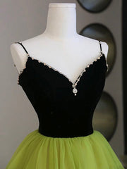 Black Velvet and Green Tulle Long Prom Dress, Green V-Neck Evening Dress