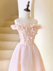 Pink Tulle Beaded Tea Length Prom Dress, Pink A-Line Off Shoulder Party Dress
