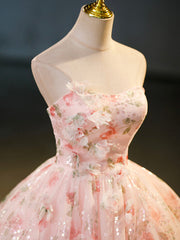 Beautiful Strapless Tulle Flower Long Prom Dress, Pink Ball Gown Formal Dress