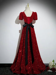Burgundy V-Neck Sequins Long Prom Dress, A-Line Evening Party Dress with Bow