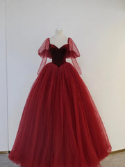 Burgundy Velvet and Tulle Floor Length Formal Dress, A-Line Long Sleeve Tulle Evening Party Dress