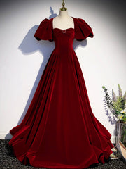 Burgundy Velvet Floor Length Prom Dress, Beautiful Open Back Evening Dress with Pearls