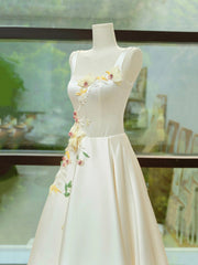 Elegant Satin Floor Length Formal Dress with 3D Flowers, Light Champagne A-Line Evening Party Dress