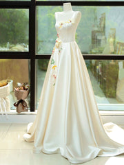 Elegant Satin Floor Length Formal Dress with 3D Flowers, Light Champagne A-Line Evening Party Dress